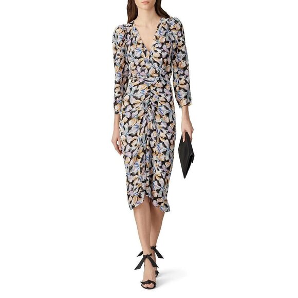 Rebecca Taylor Long Sleeve Bow Fleur V-Neck Silk Blend Dress Women's Size 12